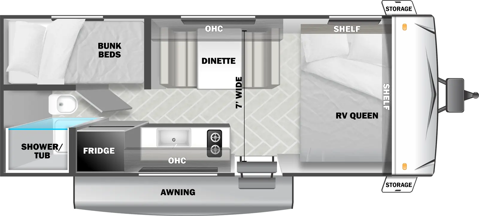 The Evo Southwest 171BHGT floorplan has one entry and zero slide outs. Exterior features include: fiberglass exterior. Interiors features include: bunk beds and front bedroom.